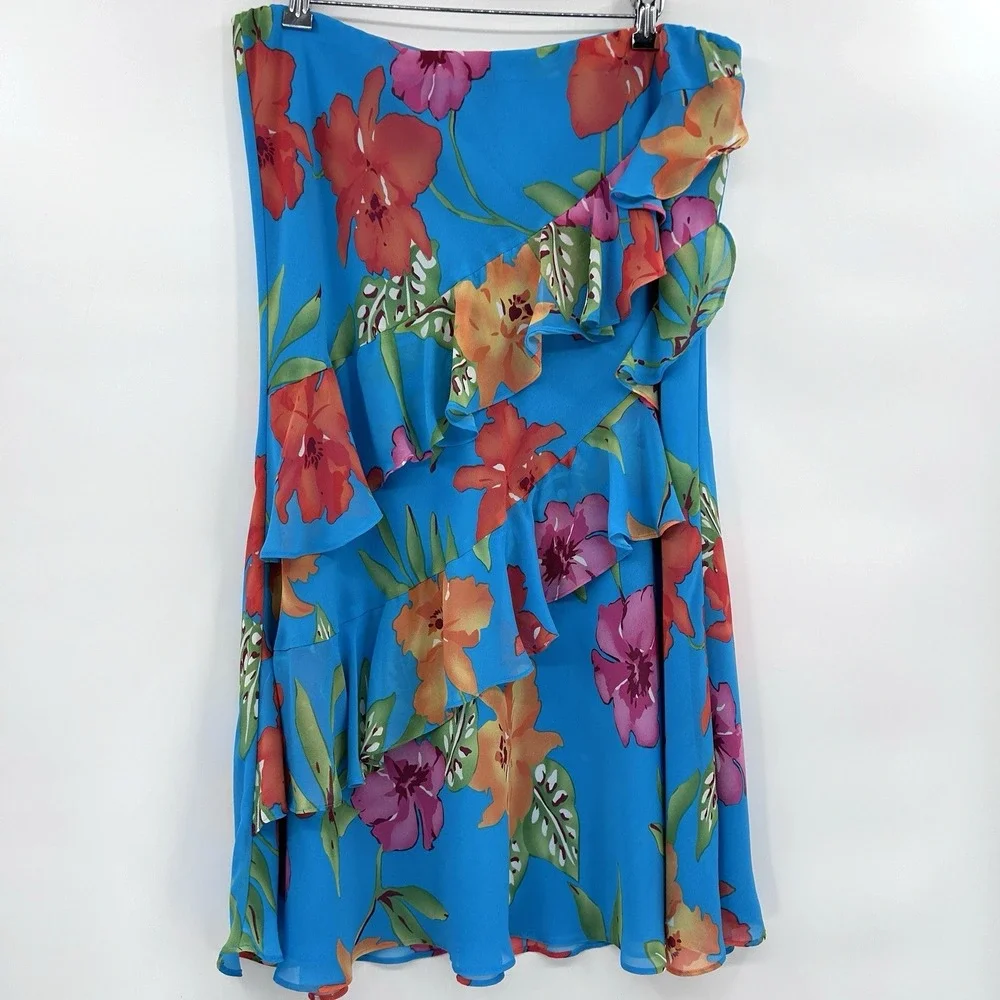Chaps Womens Tropical Floral Ruffled Midi Skirt Size L Blue Bloomcore Fairy